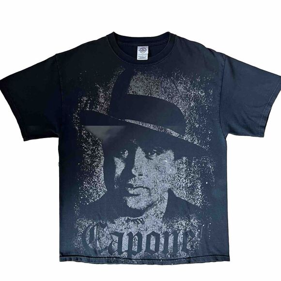Vintage Al Capone Shirt Large Black 90s Italian Mafia Art Mob Art Movie Promo - Picture 1 of 7